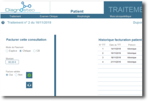 Écran de facturation d'une séance d'ostéopathie